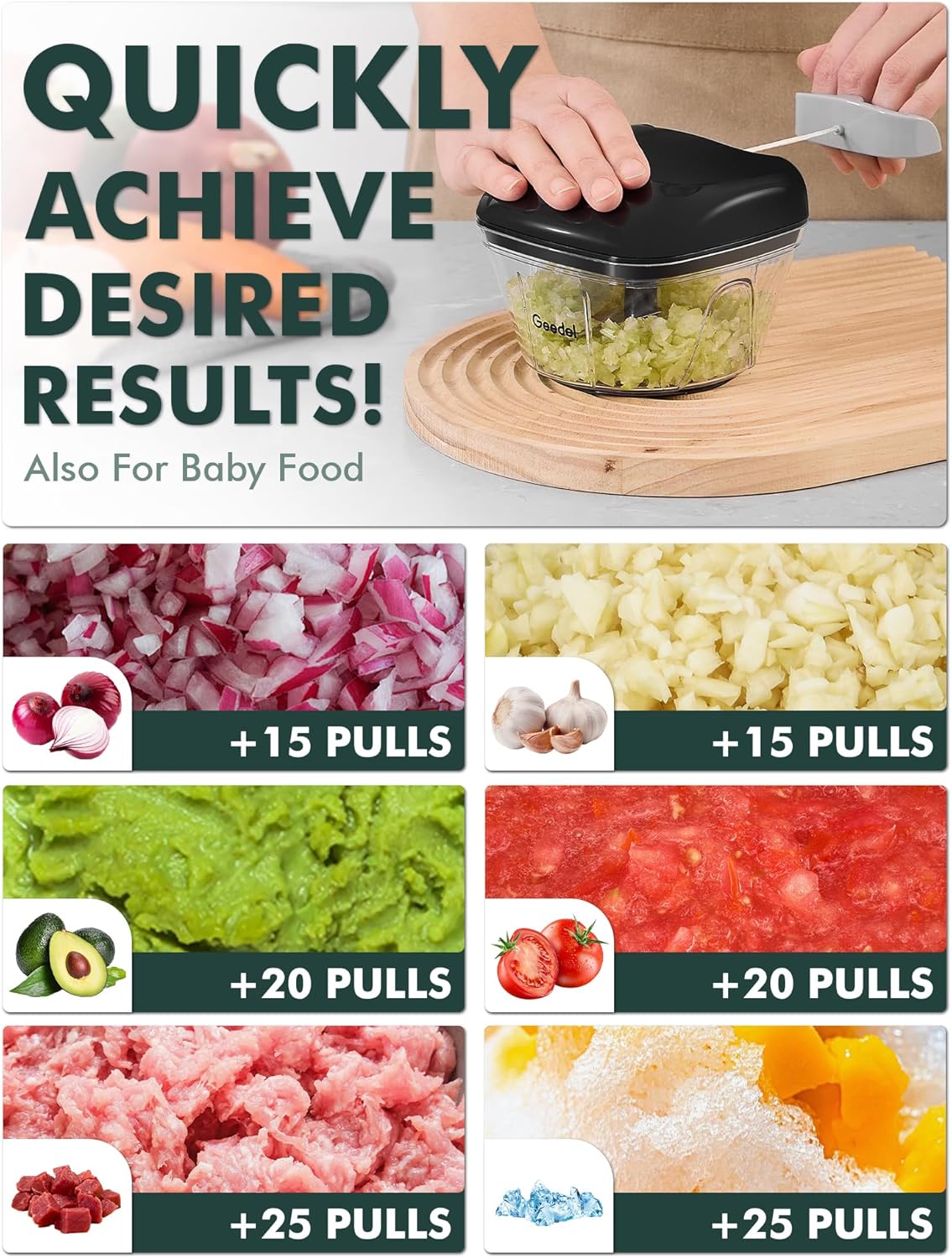 Geedel Pull Chopper, Manual Food Processor Chopper, Vegetable Chopper, Onion Chopper for Vegetables, Fruits, Nuts, Salad, and Herbs 2 Cup Capacity