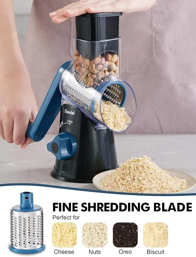 Black and blue Geedel rotary cheese grater using the fine shredding blade for parmesan, pasta, and fresh toppings.