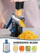 Black and blue Geedel rotary cheese grater using the coarse shredding blade for cheese, carrots, and meal prep.