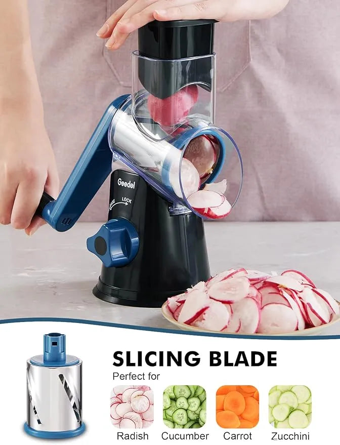 Black and blue Geedel rotary cheese grater slicing vegetables with the slicing blade for quick kitchen prep.