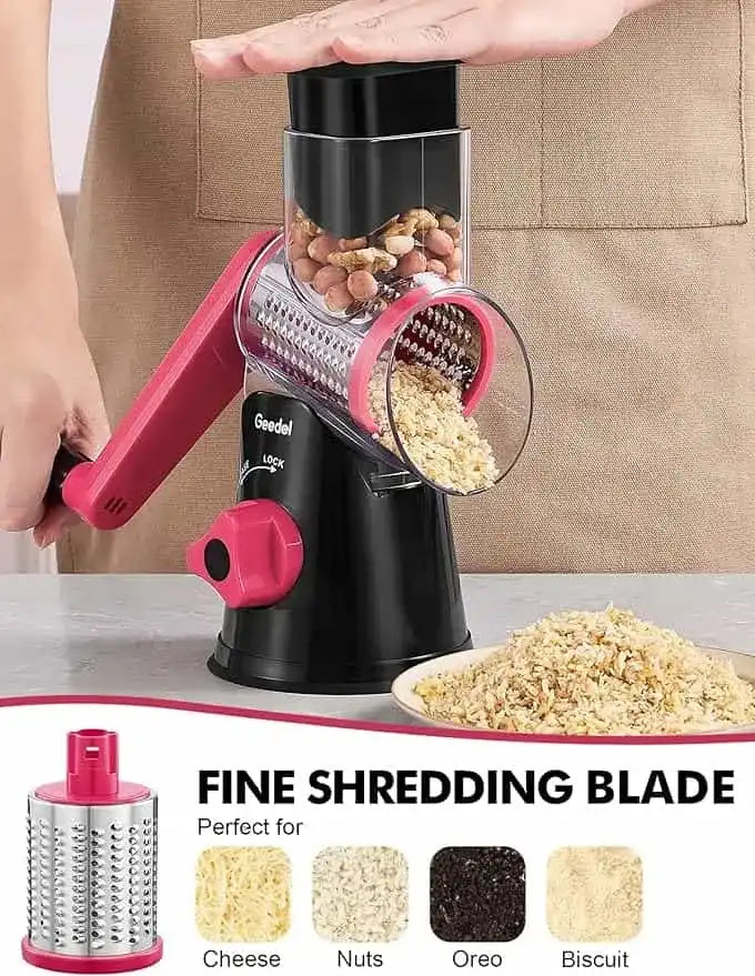 Black and rosy Geedel rotary cheese grater using the fine shredding blade for parmesan cheese, pasta, and garnish.