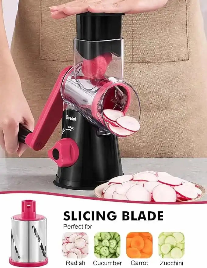 Black and rosy Geedel rotary cheese grater slicing vegetables with the slicing blade for salads and everyday cooking.