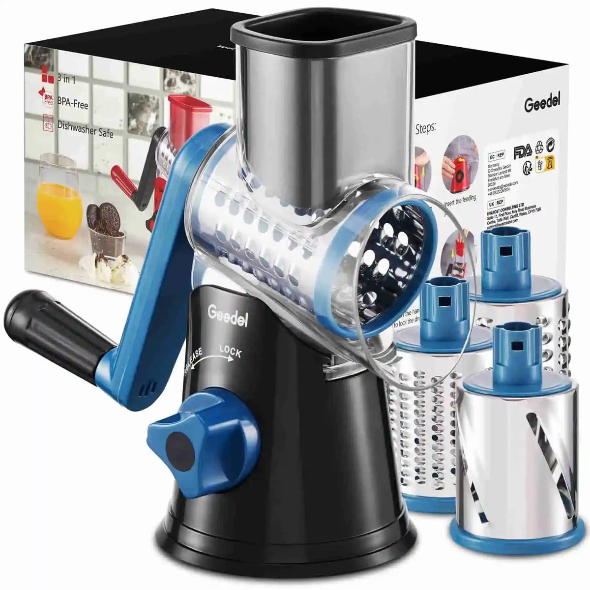 Geedel black and blue rotary cheese grater with 3 blades for cheese, vegetables, salads, and meal prep.