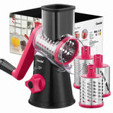 Geedel black and rosy rotary cheese grater with 3 blades for cheese shredding, vegetable slicing, and everyday meal prep.