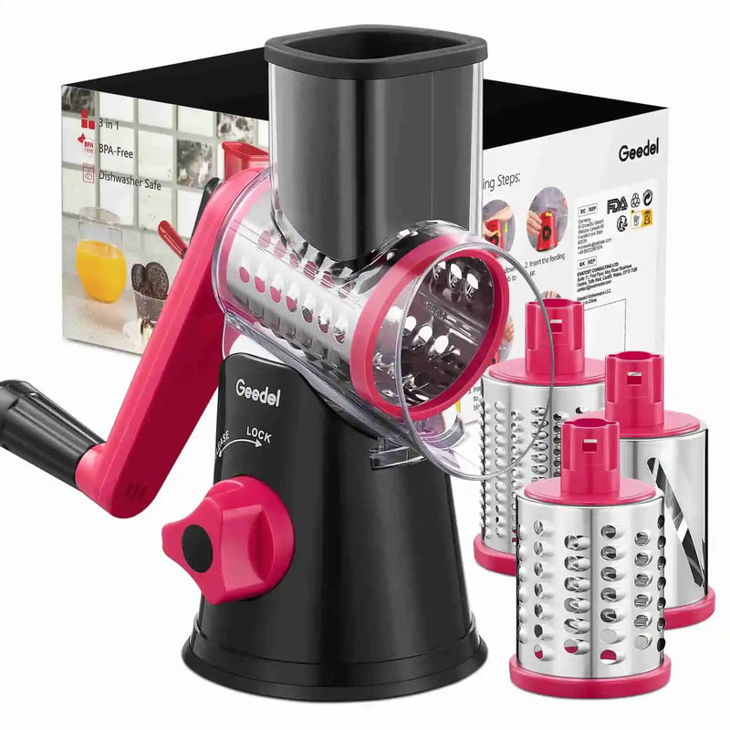 Geedel black and rosy rotary cheese grater with 3 blades for cheese shredding, vegetable slicing, and everyday meal prep.
