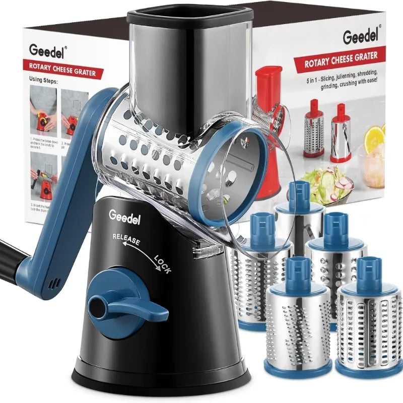 Geedel black and blue rotary cheese grater with 5 interchangeable blades for shredding cheese and slicing vegetables.