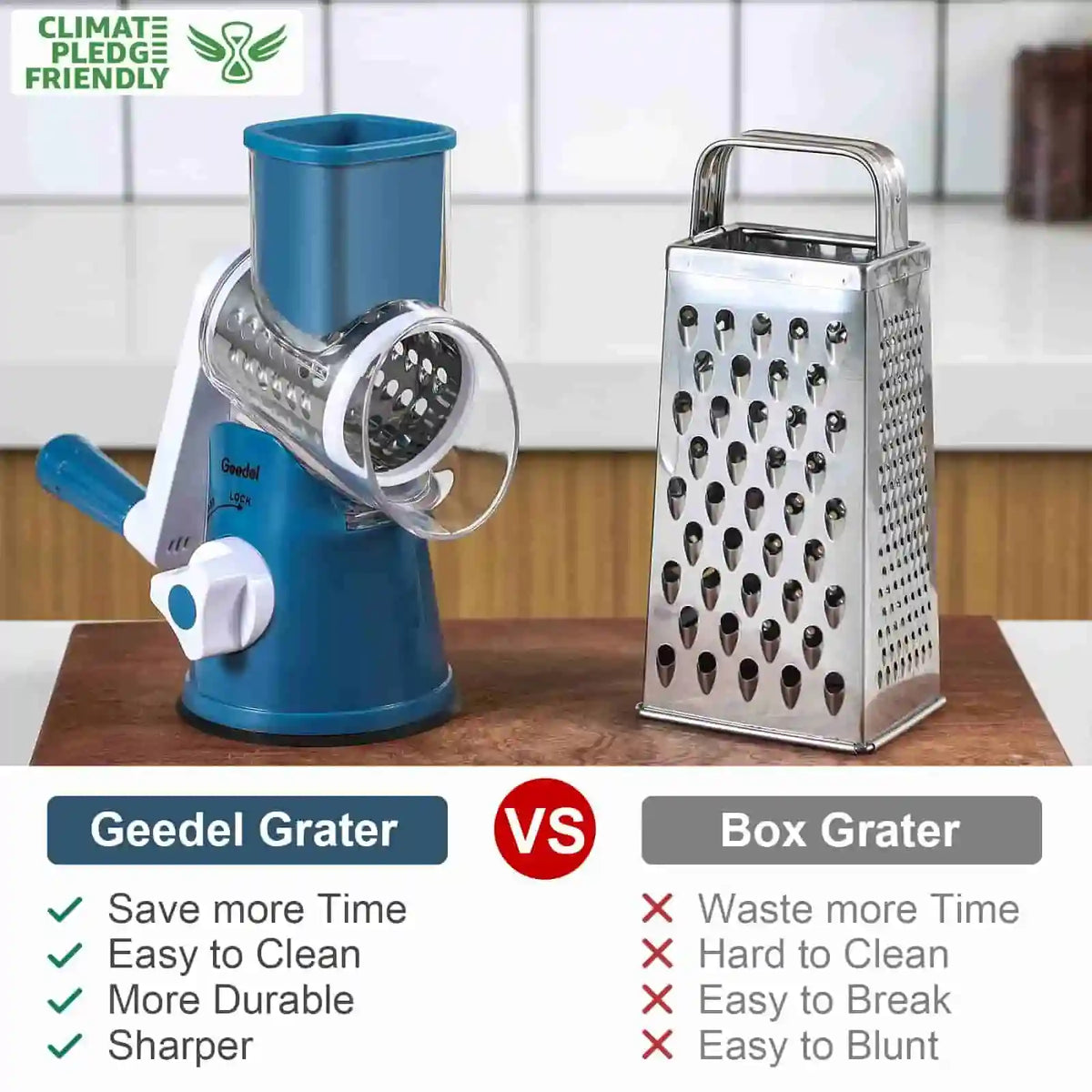 Blue and white Geedel rotary cheese grater shown next to a box grater for convenient cheese and vegetable shredding.