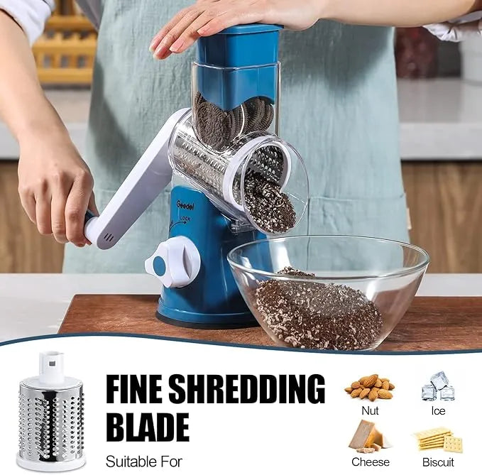 Blue and white Geedel rotary cheese grater using the fine shredding blade for parmesan cheese and pasta toppings.
