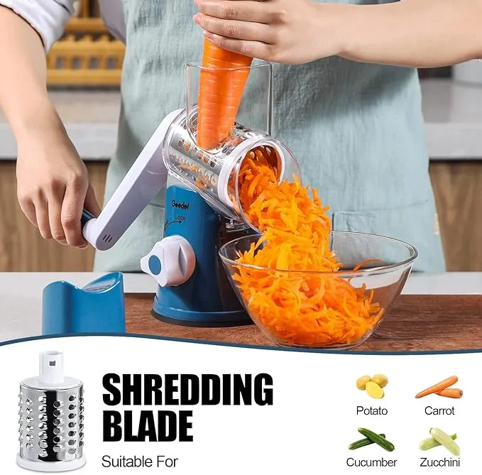 Blue and white Geedel rotary cheese grater using the coarse shredding blade for cheddar, carrots, and kitchen prep.