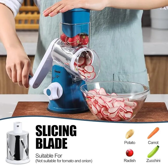 Blue and white Geedel rotary cheese grater slicing vegetables with the slicing blade for salads, potatoes, and meal prep.