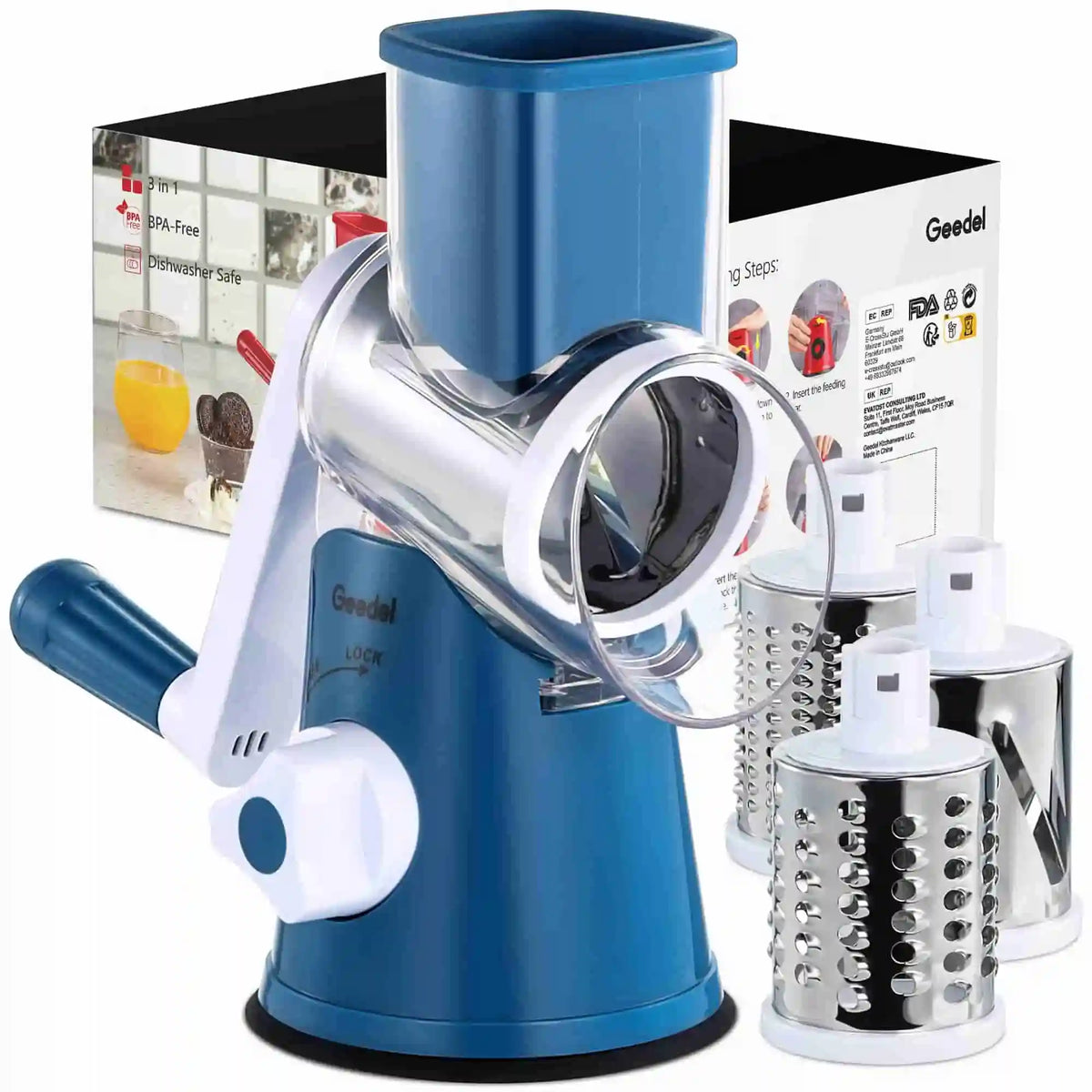 Geedel blue and white rotary cheese grater with 3 blades for cheese, vegetables, and easy meal prep.