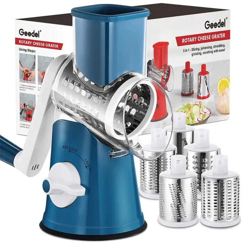 Geedel blue and white rotary cheese grater with 5 interchangeable blades for shredding cheese and slicing vegetables.
