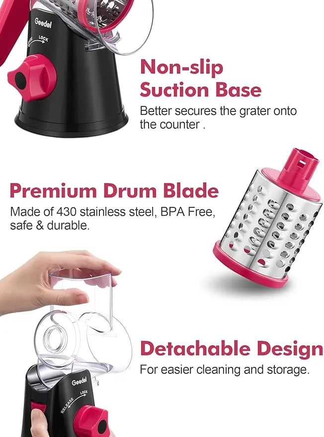 The storage-friendly detachable design and non-slip base of a mandoline drum slicer.