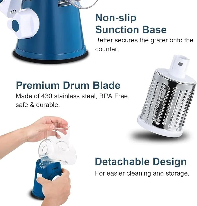 Product diagram showing the detachable design of a green rotary cheese grater for easy cleaning and kitchen storage.