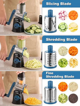 Geedel 3-in-1 mandoline slicer using slicing, shredding, and fine shredding drum blades.