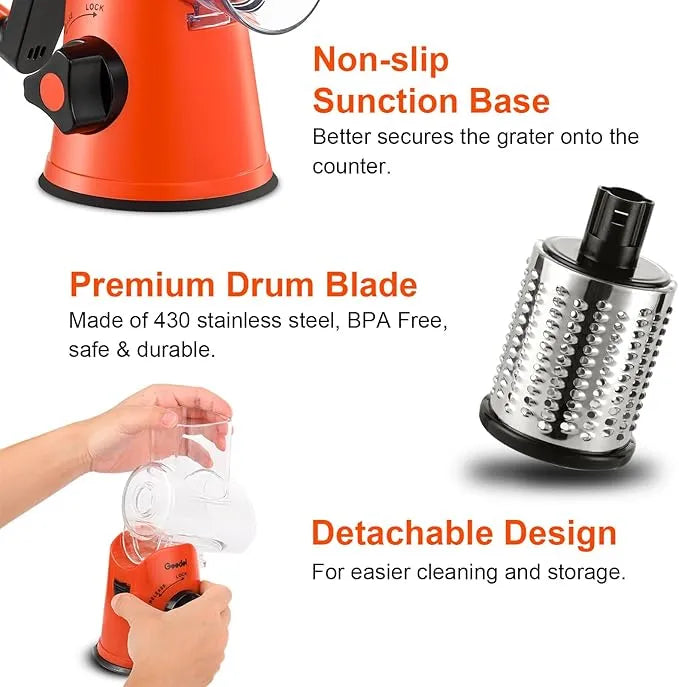 Close-up of Geedel rotary grater's 430 stainless steel premium drum blade and detachable orange body.