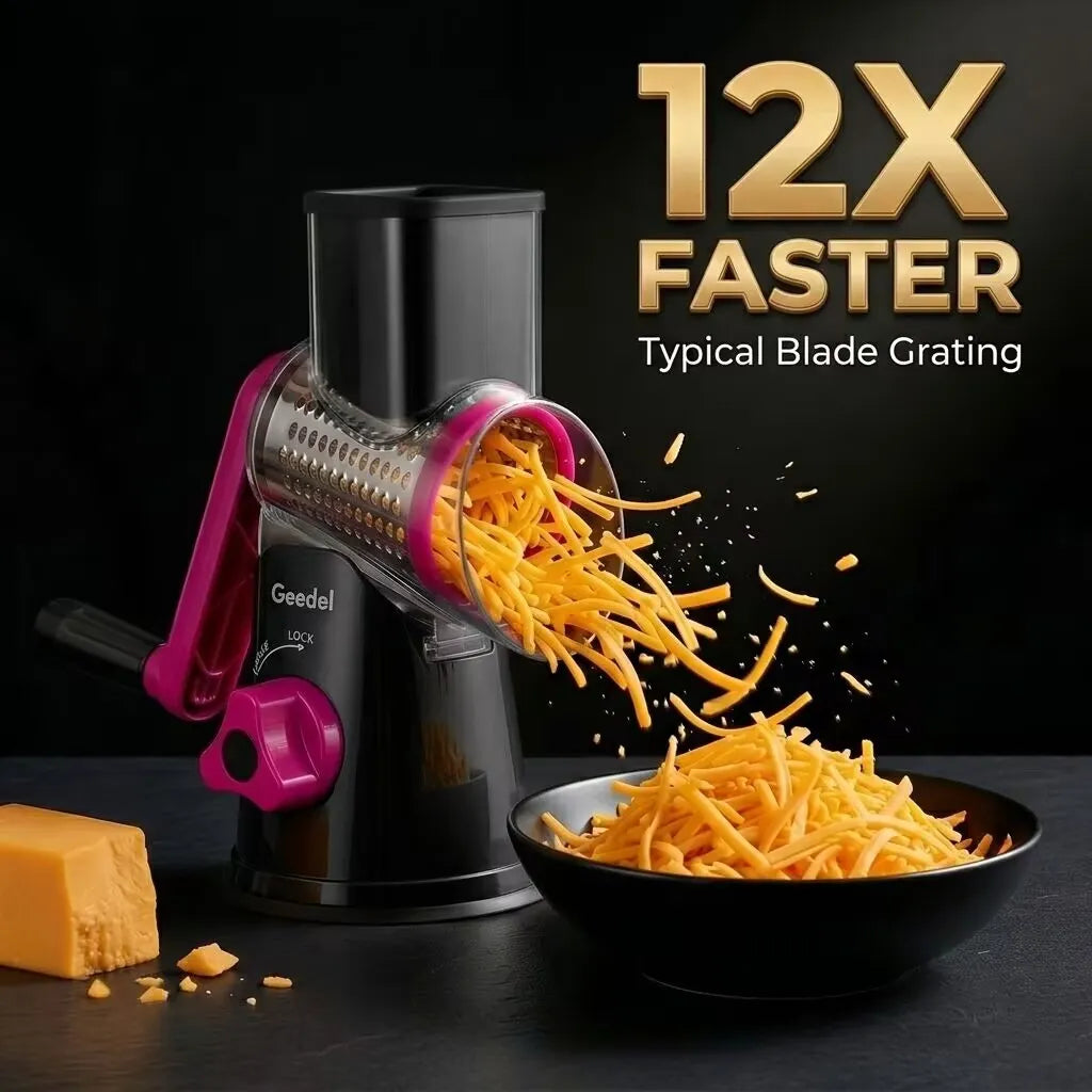 A product shot of the Geedel suction-base rotary grater, demonstrating high-speed shredding of cheddar cheese.