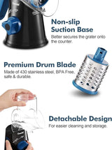 Feature breakdown of Geedel rotary shredder showing the blade, non-slip base, and detachable food jar.