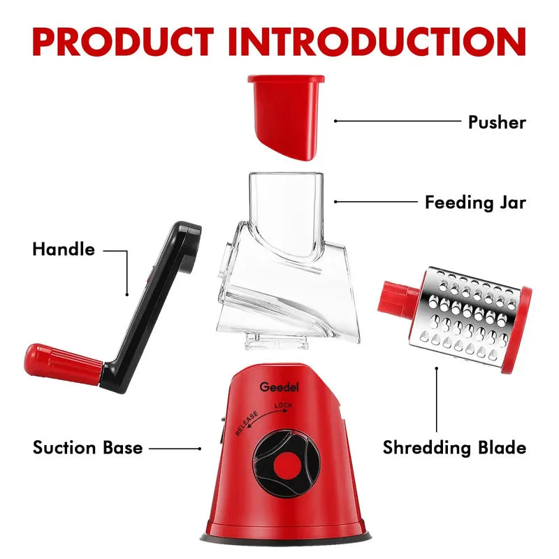 Exploded view diagram of a Geedel rotary grater showing pusher, feeding jar, shredding blade, suction base, and handle.