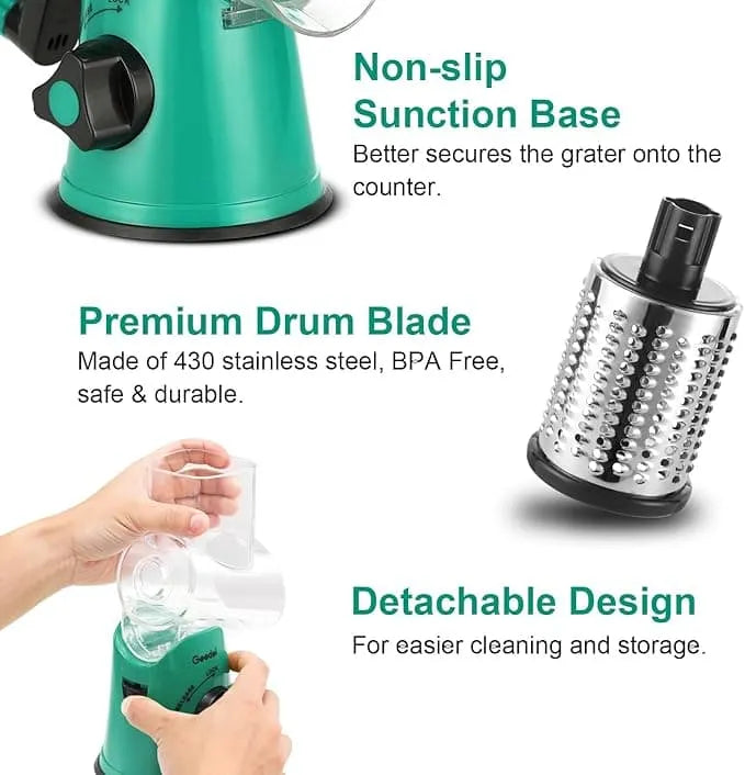 Infographic of green Geedel rotary grater highlighting non-slip suction base, 430 stainless steel drum blade, and detachable design.