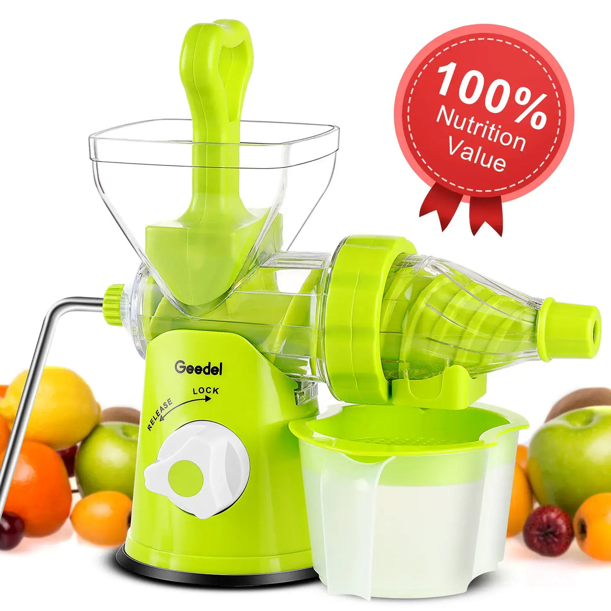 Geedel Manual Cold Press Juicer, Hand Crank Masticating Juicer Machine, Slow Juicer for Maximum Nutrients, No Electricity, BPA-Free, Easy Clean
