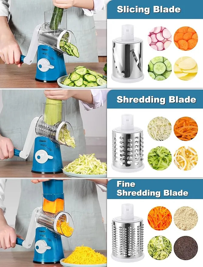 Geedel slicing, shredding, and fine shredding blades preparing vegetables and cheese.