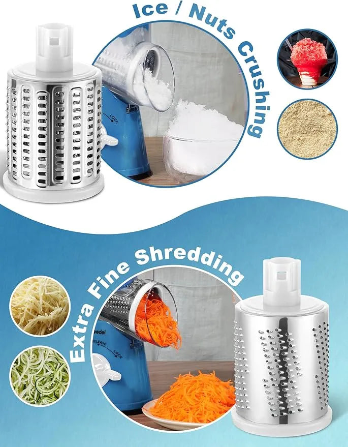 Two replacement blades for Geedel grater showing ice crushing and extra fine carrot shredding capabilities.
