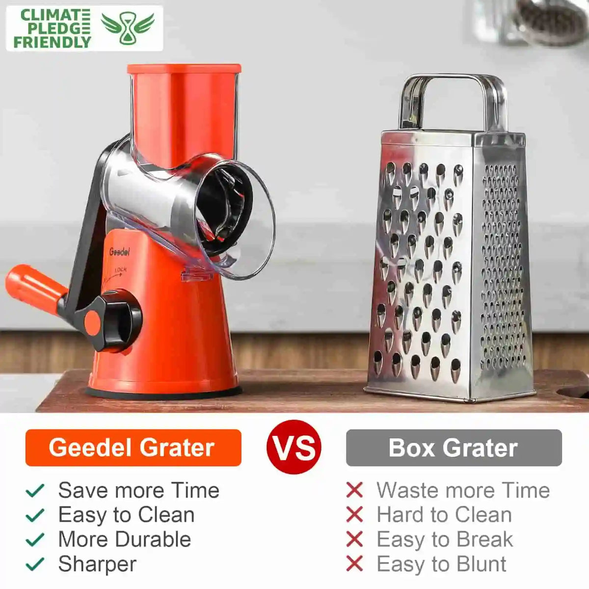 Orange and black Geedel rotary cheese grater compared with a box grater for quick shredding, slicing, and easy cleanup.