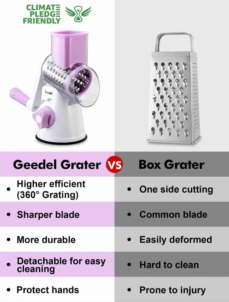 Purple and white Geedel rotary cheese grater beside a traditional box grater for simple cheese shredding and meal prep.