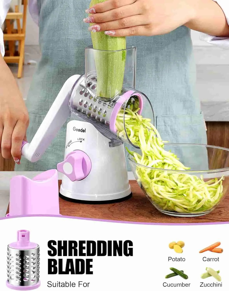 Purple and white Geedel rotary cheese grater using the coarse shredding blade for shredded cheese and vegetables.