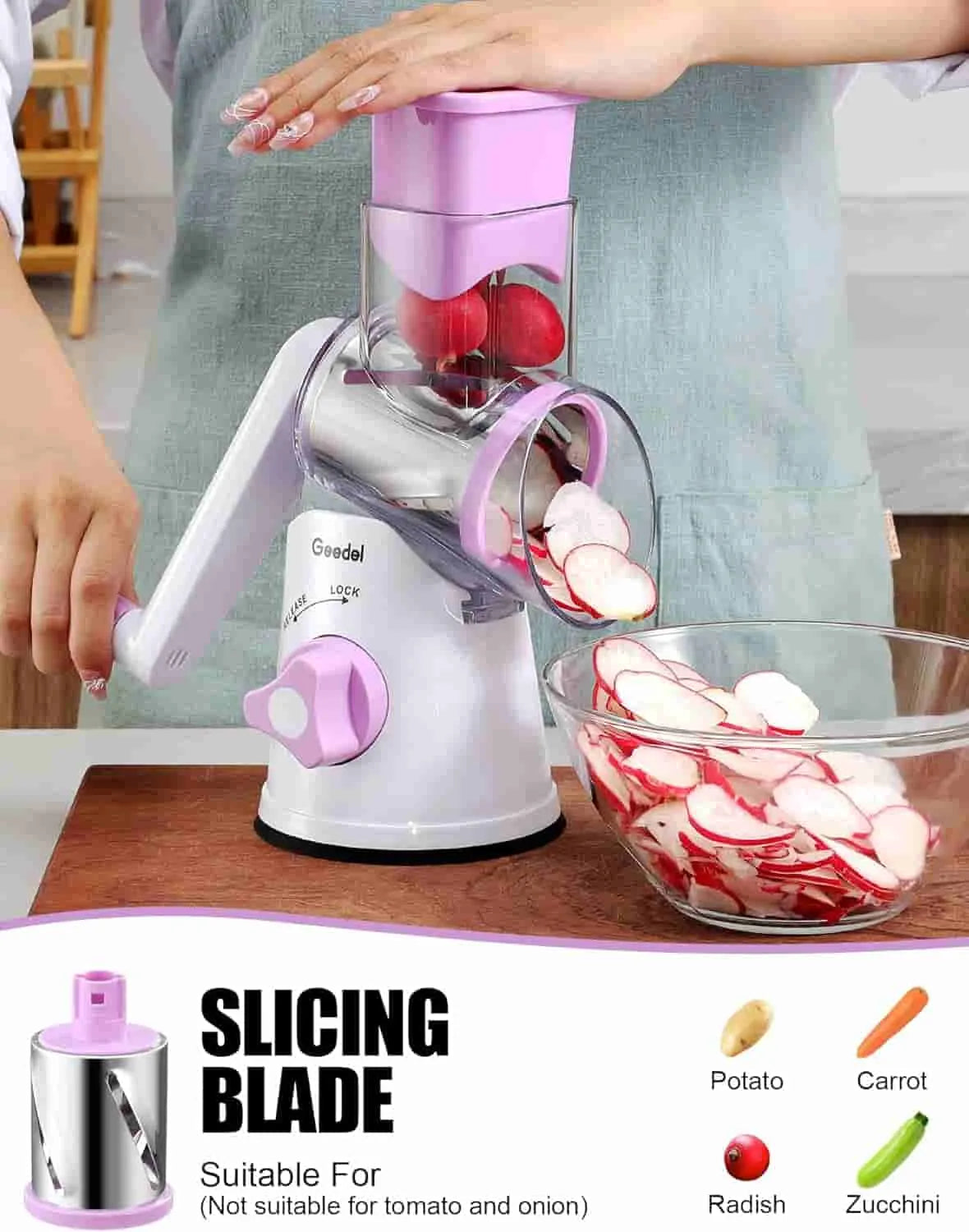 Purple and white Geedel rotary cheese grater slicing vegetables with the slicing blade for fresh salads and sides.