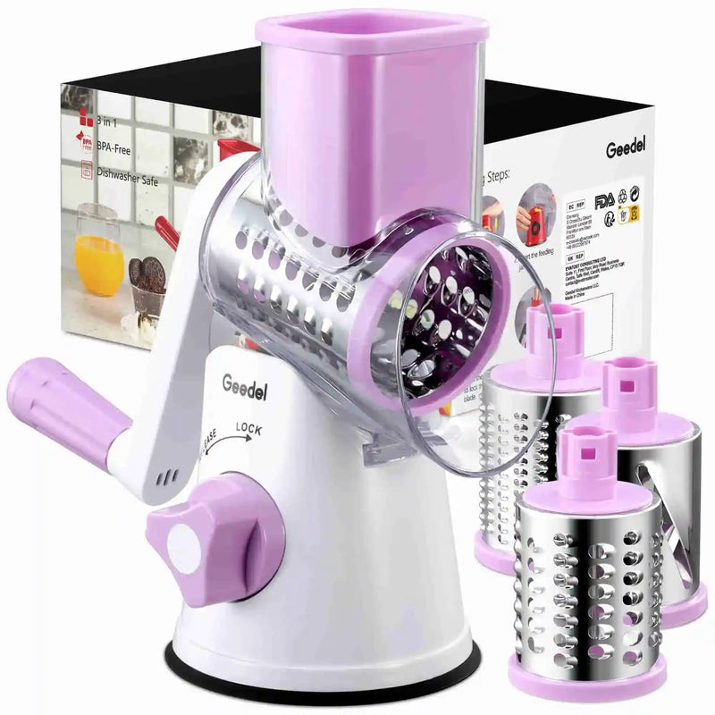 Geedel purple and white rotary cheese grater with 3 blades for shredding cheese and slicing vegetables.