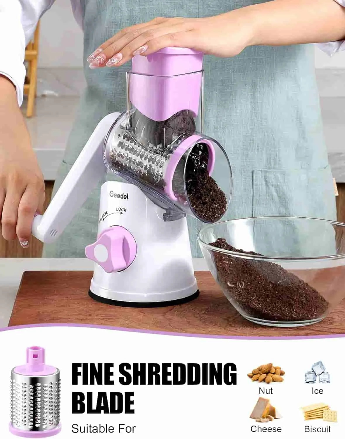 Purple and white Geedel rotary cheese grater using the fine shredding blade for parmesan cheese, pasta, and toppings.