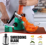 Teal and black Geedel rotary cheese grater using the coarse shredding blade for shredded cheese and vegetables.