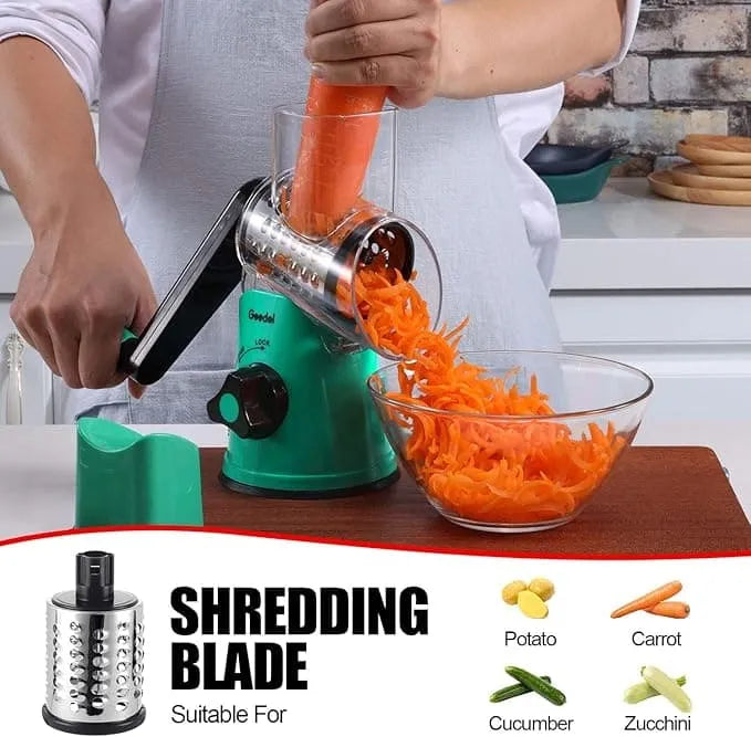 Teal and black Geedel rotary cheese grater using the coarse shredding blade for shredded cheese and vegetables.