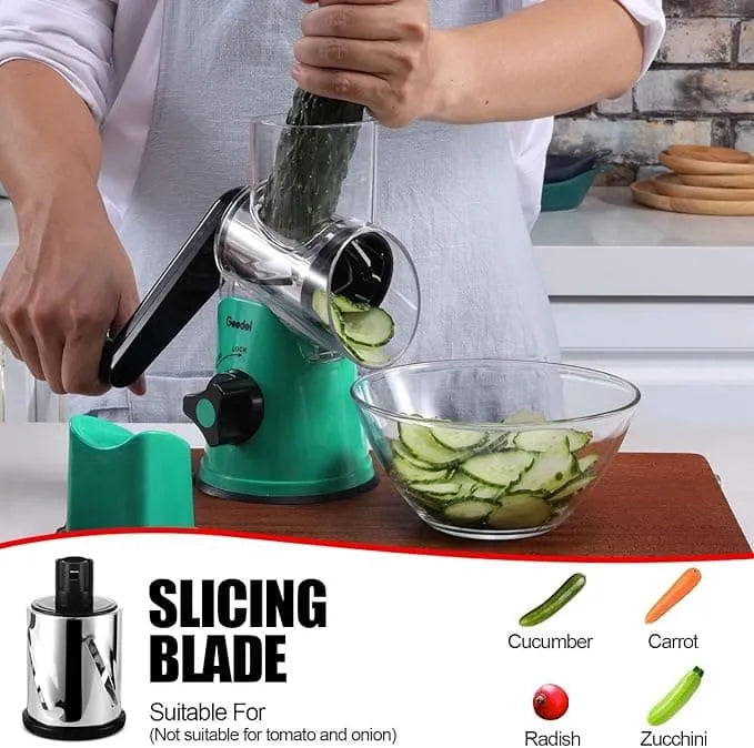 Teal and black Geedel rotary cheese grater slicing vegetables with the slicing blade for quick salad and dinner prep.