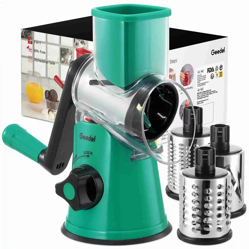 Geedel teal and black rotary cheese grater with 3 blades for shredding cheese and preparing vegetables.