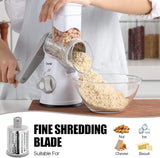White and grey Geedel rotary cheese grater using the fine shredding blade for parmesan cheese, pasta, and toppings.