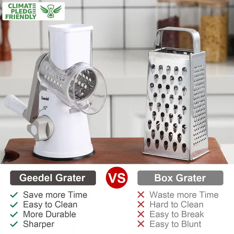 White and grey Geedel rotary cheese grater shown beside a box grater for easier cheese shredding and vegetable prep.
