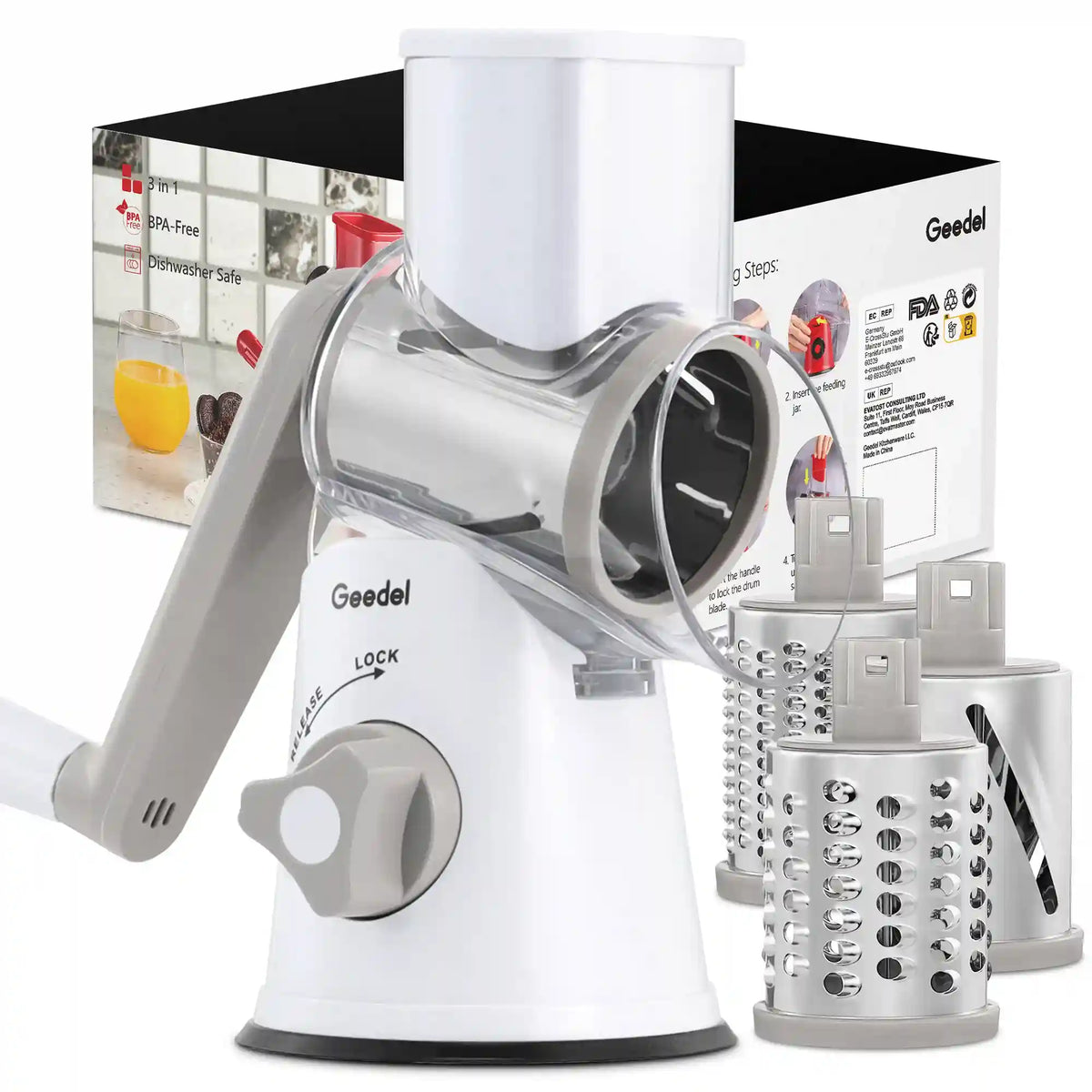 Geedel white and grey rotary cheese grater with 3 blades for cheese shredding and vegetable slicing.