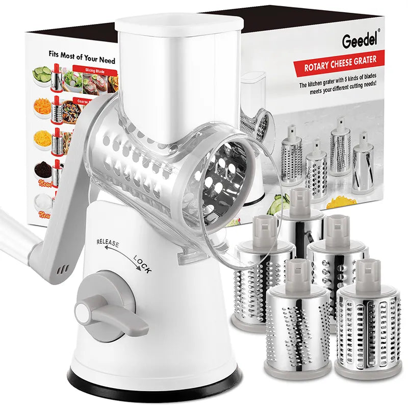 Geedel white and grey rotary cheese grater with 5 interchangeable blades for cheese, vegetables, pasta, and salads.