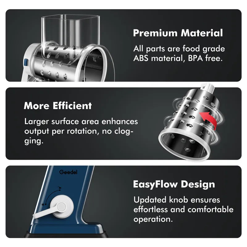 Geedel 4-in-1 Rotary Cheese Grater - Upgraded Vegetable Slicer & Nut Grinder with Strong Suction Base