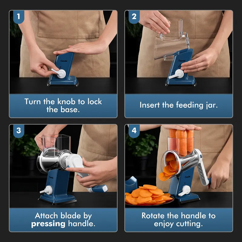 Geedel 4-in-1 Rotary Cheese Grater - Upgraded Vegetable Slicer & Nut Grinder with Strong Suction Base