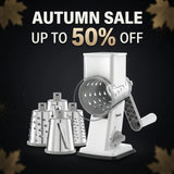 Geedel 4-in-1 rotary cheese grater with interchangeable stainless steel drums — fine shred, coarse shred, slice, and wavy cut blades for cheese, vegetables, nuts, and chocolate