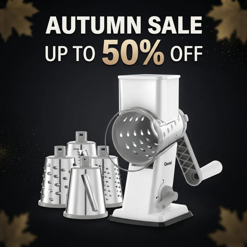 Geedel 4-in-1 rotary cheese grater with interchangeable stainless steel drums — fine shred, coarse shred, slice, and wavy cut blades for cheese, vegetables, nuts, and chocolate