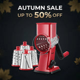 Geedel 4-in-1 rotary cheese grater with interchangeable stainless steel drums — fine shred, coarse shred, slice, and wavy cut blades for cheese, vegetables, nuts, and chocolate