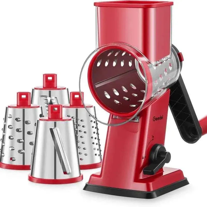 Geedel 4-in-1 rotary cheese grater with interchangeable stainless steel drums — fine shred, coarse shred, slice, and wavy cut blades for cheese, vegetables, nuts, and chocolate