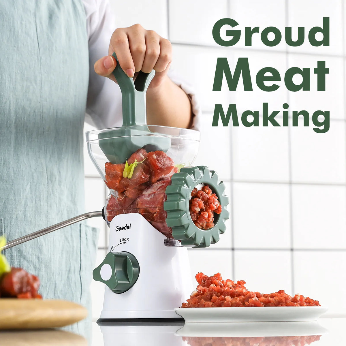 Picadora de carne manual Geedel: tritura sin esfuerzo en casa con 2 cuchillas intercambiables de acero inoxidable y fácil limpieza.