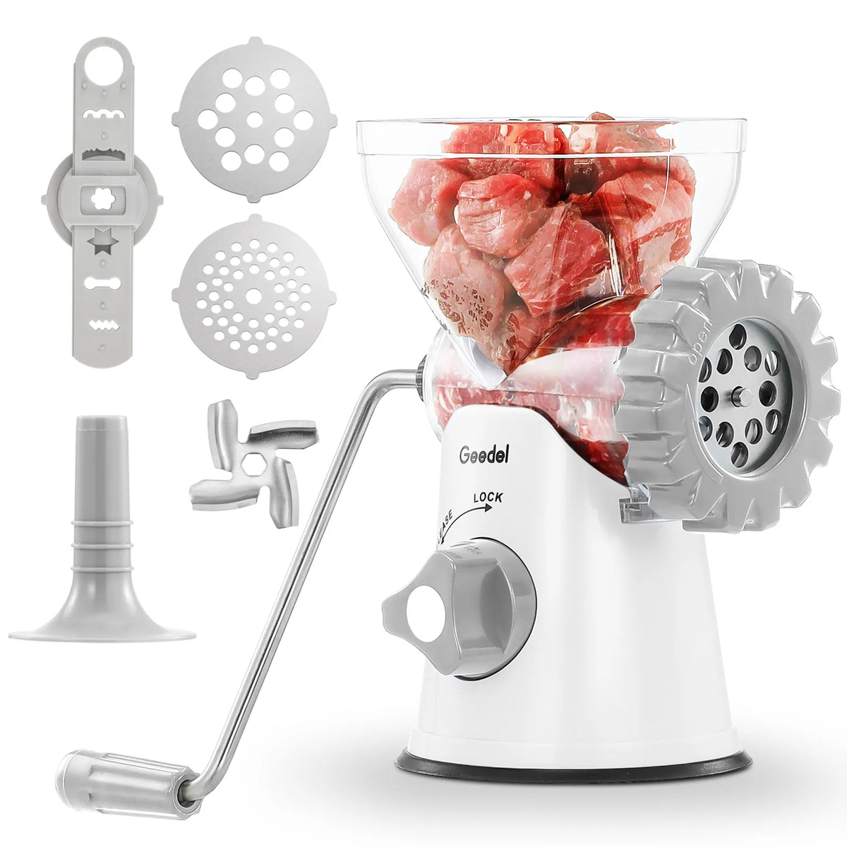 Picadora de carne manual Geedel: tritura sin esfuerzo en casa con 2 cuchillas intercambiables de acero inoxidable y fácil limpieza.