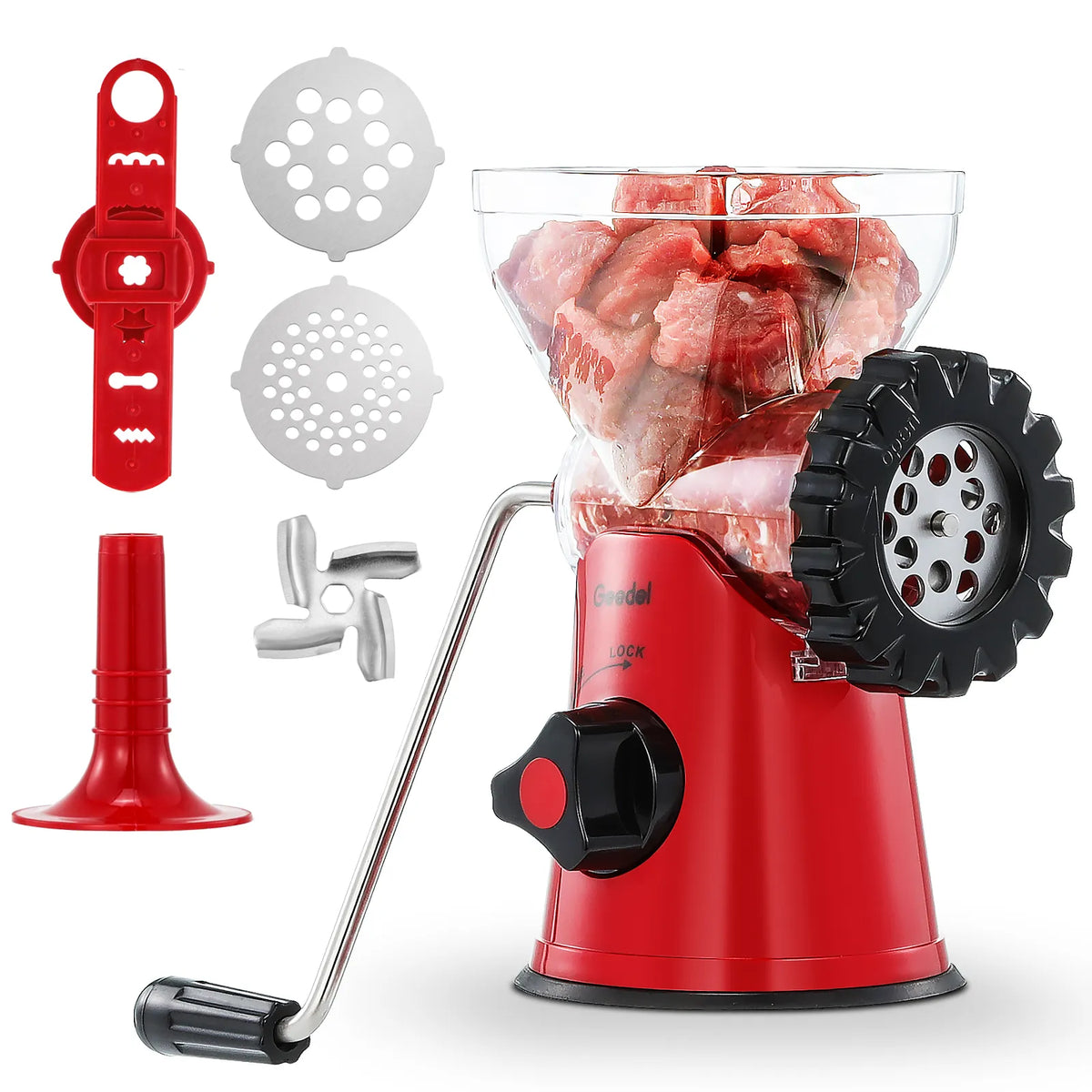 Picadora de carne manual Geedel: tritura sin esfuerzo en casa con 2 cuchillas intercambiables de acero inoxidable y fácil limpieza.